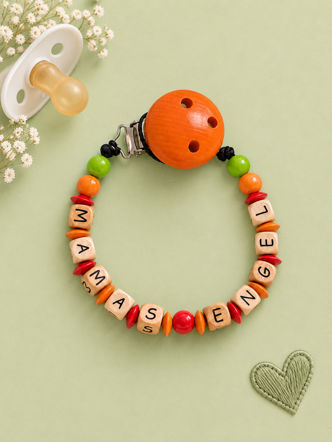 Nuggikette "Mamas Engel" Orange, Rot, Grün, Holz
