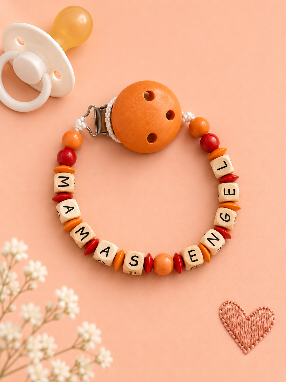 Nuggikette "Mamas Engel" Rot, Orange, Holz
