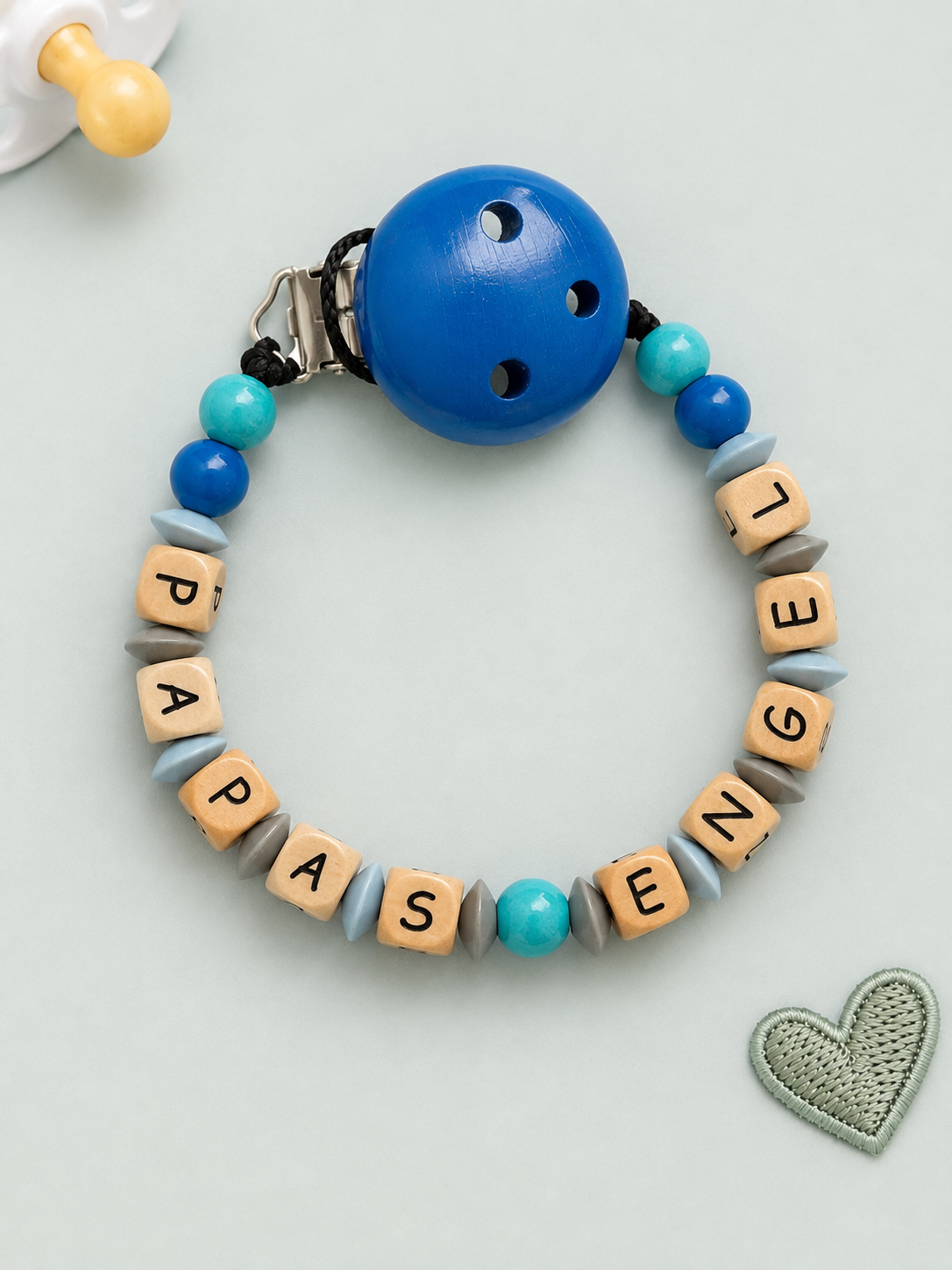 Nuggikette "Papas Engel" Blau, Mint, Holz