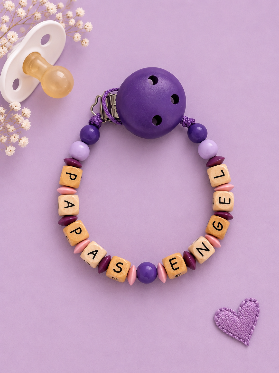 Nuggikette "Papas Engel" Violett, Flieder, Holz